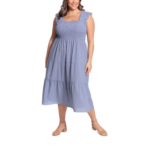 London Times NEW Women's Gingham Smocked Top Midi Dress Blue Size Medium - Picture 2 of 11